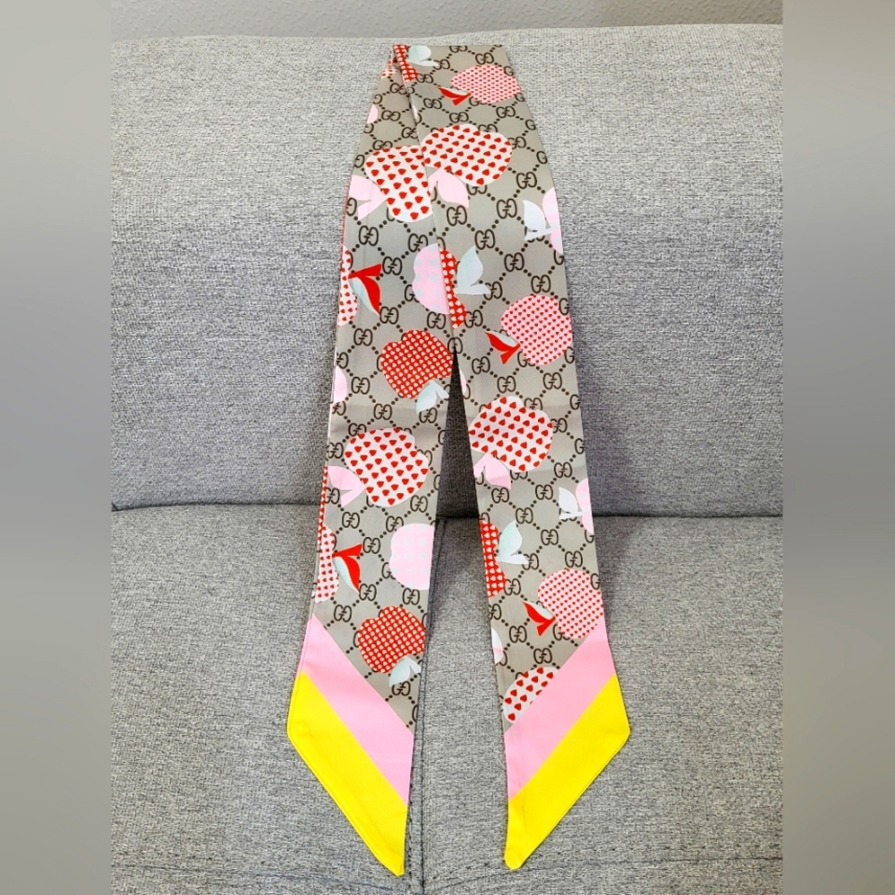 Designer-Inspired Pink & Yellow Patterned Twilly Scarf